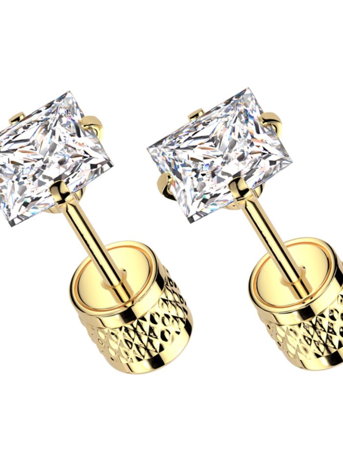 Gold PVD Square Clear CZ Stainless Steel Textured Cylinder Back Stud Earrings