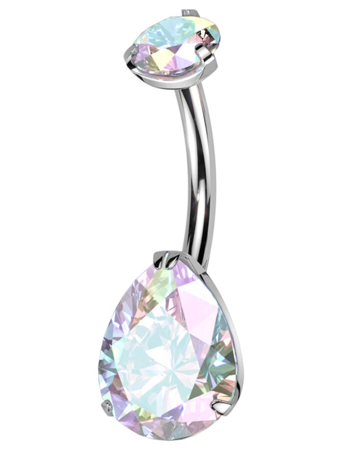 Rainbow Aurora Teardrop CZ Titanium Belly Button Ring