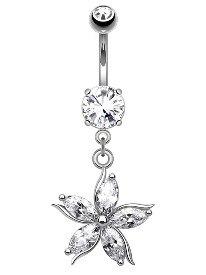 Silver Floral CZ Stainless Steel Belly Button Ring